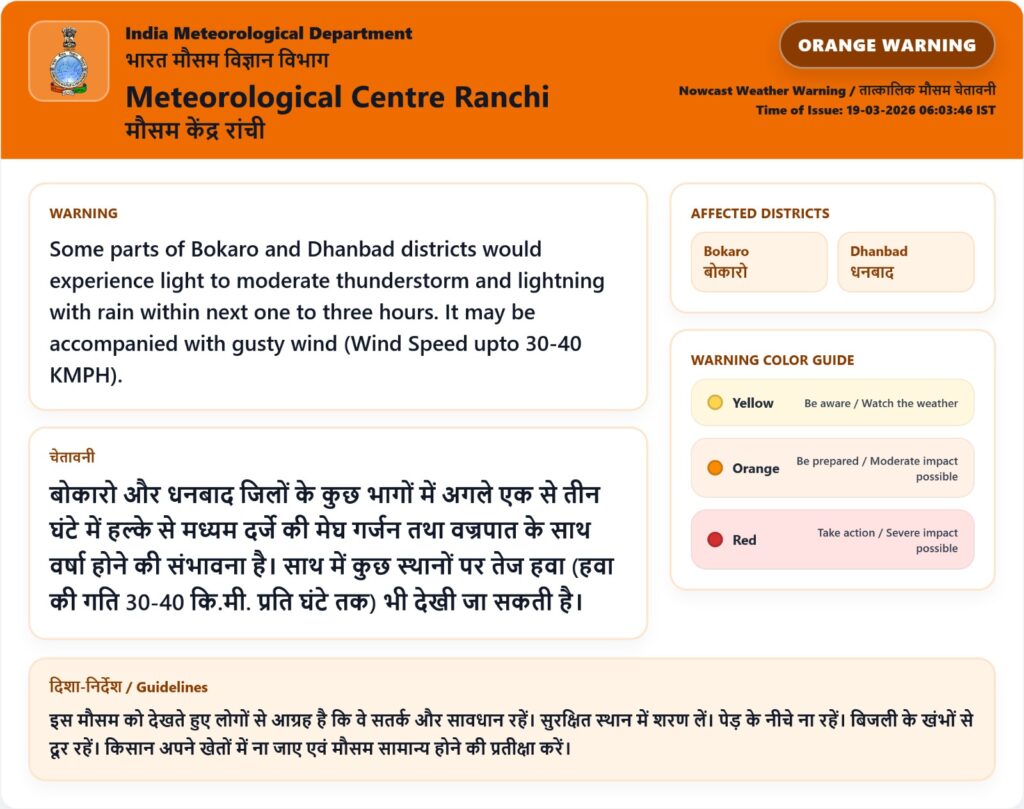 रांची से बोकारो-धनबाद तक 'ऑरेंज अलर्ट', घर से निकलने से पहले पढ़ें ये चेतावनी