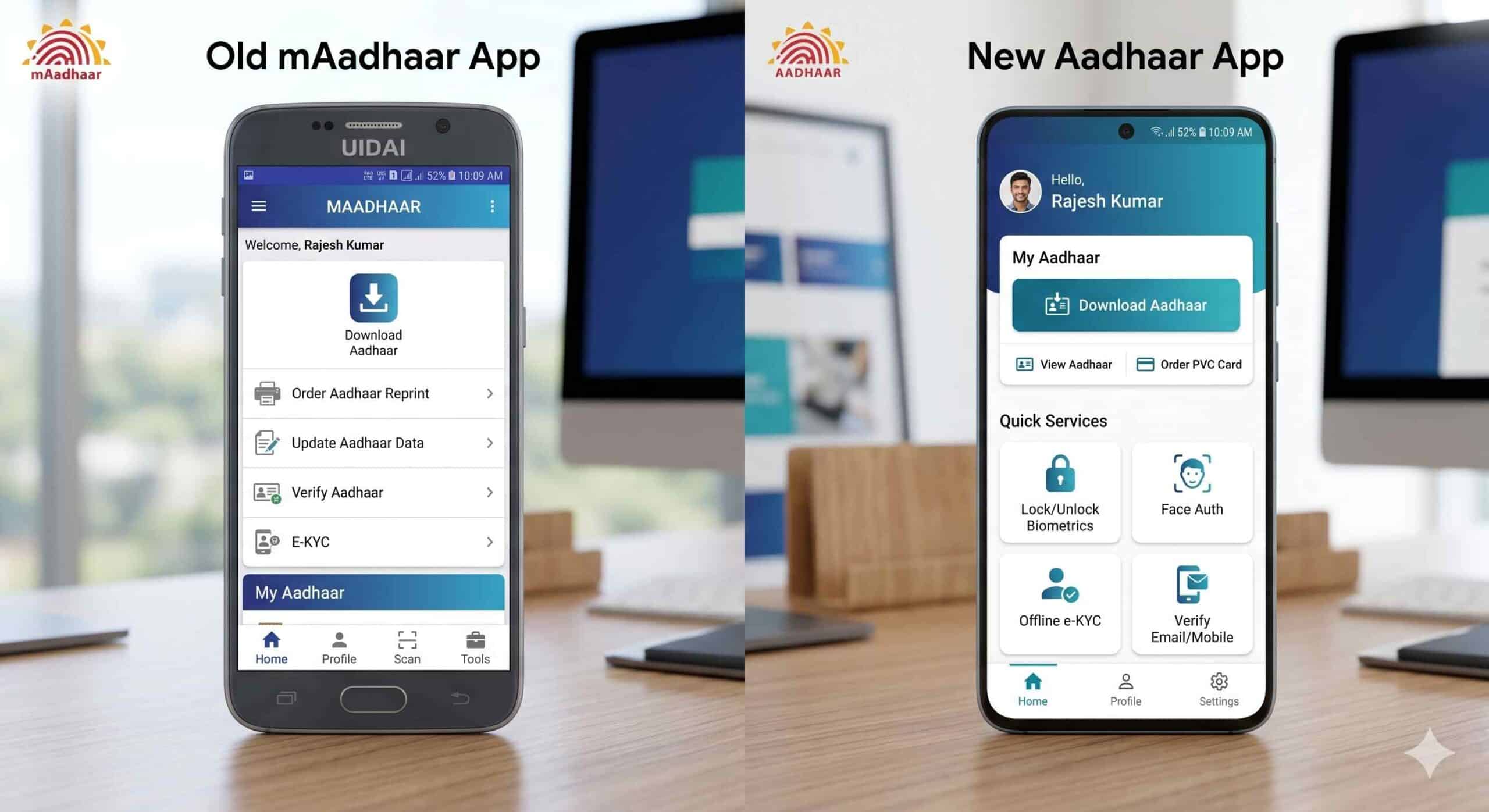Aadhar app new vs old नए और पुराने आधार ऐप के इंटरफेस में बदलाव को दर्शाती तस्वीर