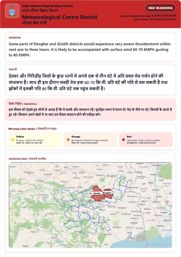 वज्रपात और ओलावृष्टि की भारी आशंका