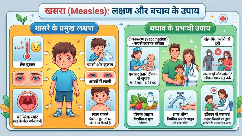 खसरे के लक्षणों और बचाव के चार्ट का इन्फोग्राफिक