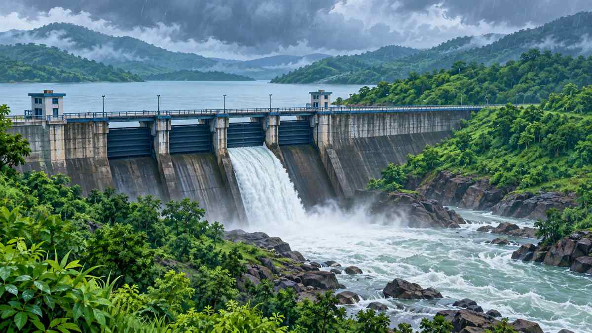 जलाशय के गेट से पानी बहता हुआ, AI-निर्मित सांकेतिक चित्र