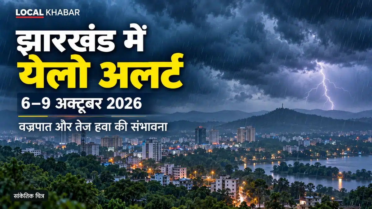 झारखंड के जिलों में गरजन, वज्रपात और तेज हवा के लिए येलो श्रेणी दर्शाता मौसम केंद्र रांची का 6 अक्टूबर 2026 का चेतावनी मानचित्र।