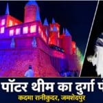 रानीकुदर के दुर्गा पूजा पंडाल में नीली रोशनी और हैरी पॉटर थीम की सजावट के बीच मां दुर्गा की प्रतिमा