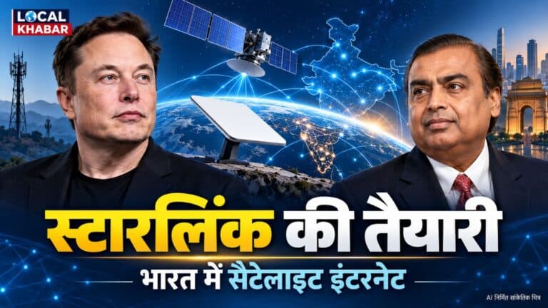 एलन मस्क और मुकेश अंबानी की तस्वीरों के साथ सैटेलाइट इंटरनेट का सांकेतिक दृश्य
