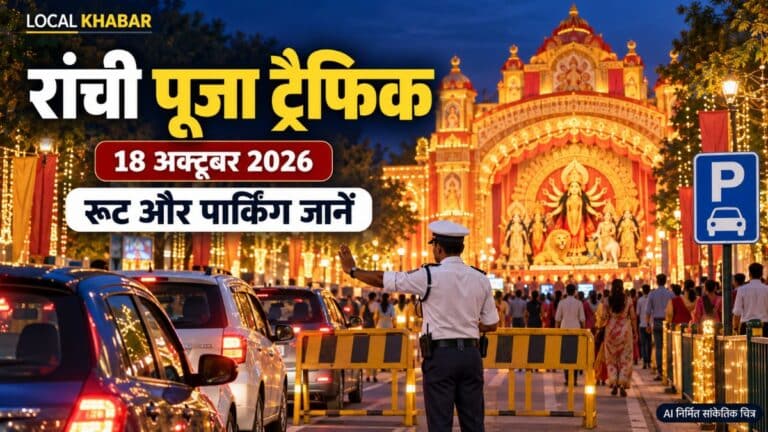रांची में दुर्गा पूजा के दौरान सड़क पर बैरियर और यातायात नियंत्रित करते पुलिसकर्मी