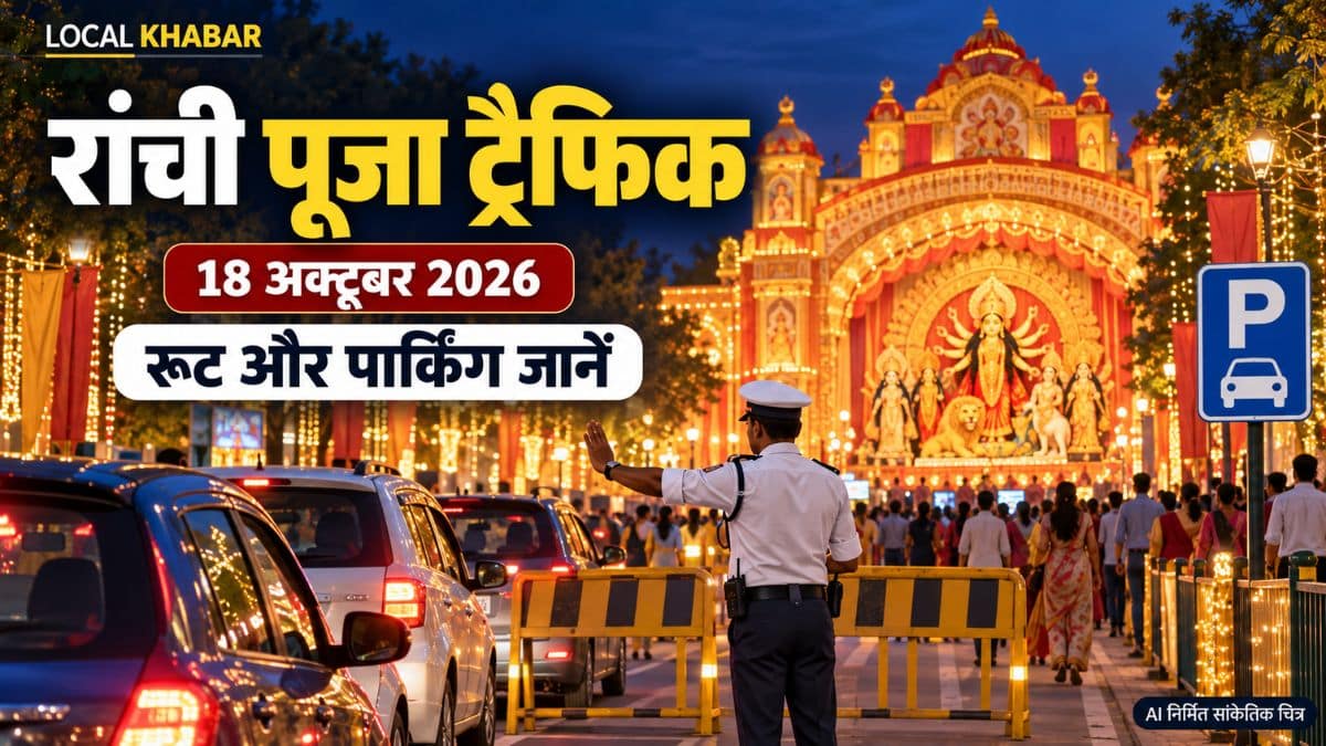 रांची में दुर्गा पूजा के दौरान सड़क पर बैरियर और यातायात नियंत्रित करते पुलिसकर्मी