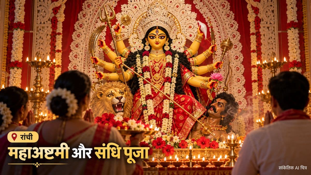 रांची के दुर्गा पूजा पंडाल में स्थापित मां दुर्गा की सजी हुई प्रतिमा