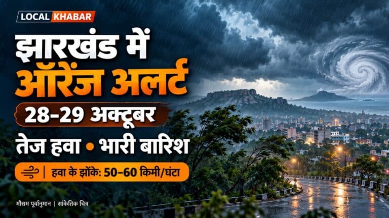 झारखंड के जिलेवार मानचित्र में 28 और 29 अक्टूबर के लिए तेज हवा तथा वज्रपात का ऑरेंज और येलो अलर्ट
