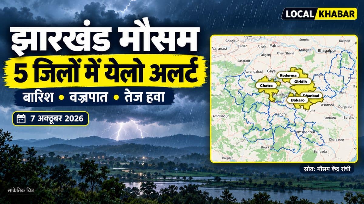 IMD रांची के चेतावनी मानचित्र में बोकारो, चतरा, धनबाद, गिरिडीह और कोडरमा जिले पीले रंग में चिह्नित
