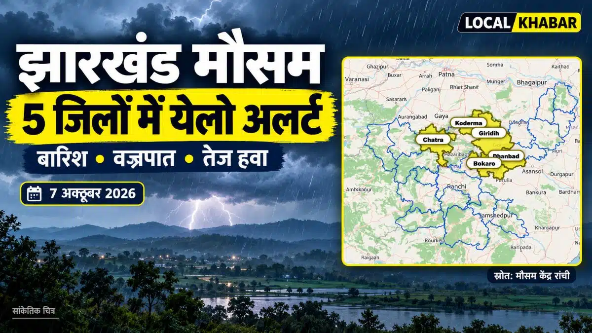 IMD रांची के चेतावनी मानचित्र में बोकारो, चतरा, धनबाद, गिरिडीह और कोडरमा जिले पीले रंग में चिह्नित